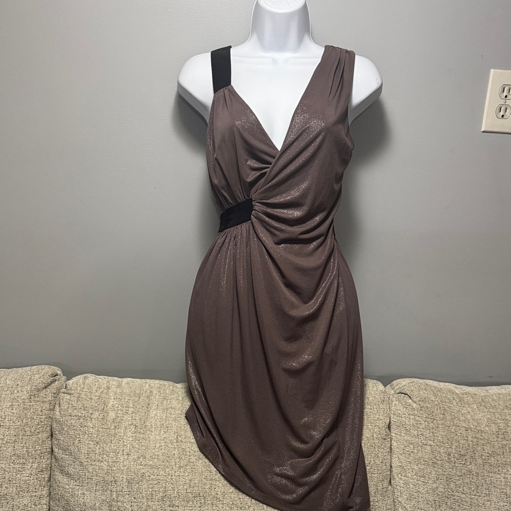 Express One-Shoulder Brown Metallic Draped Dress